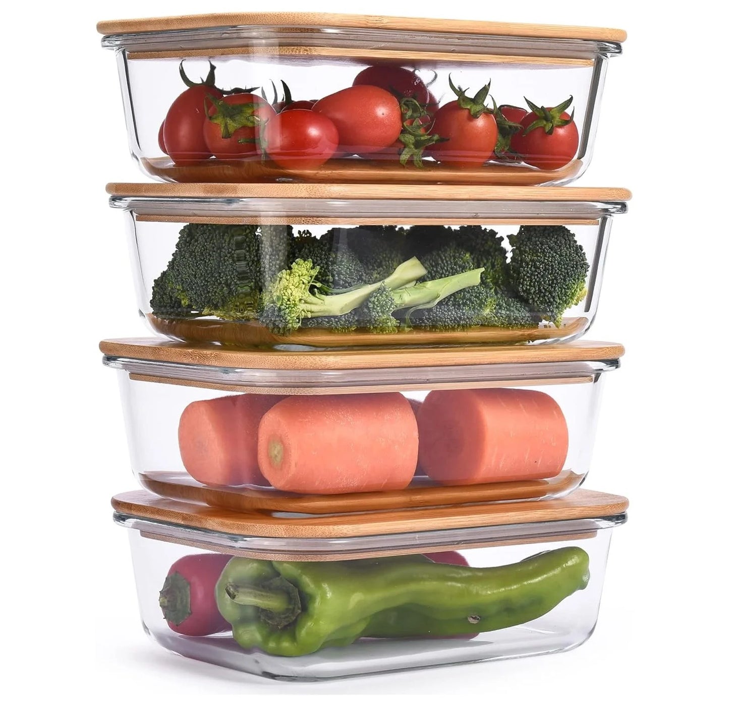 4-Pack Glass Food Containers with Bamboo Lids - Stackable, Airtight, Microwave & Dishwasher Safe - 36 Oz Reusable Lunchboxes
